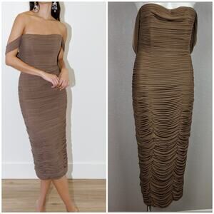 NEW By Watters Joanne Brown Ruched Slim Off-The-Shoulder Midi Dress Size 8